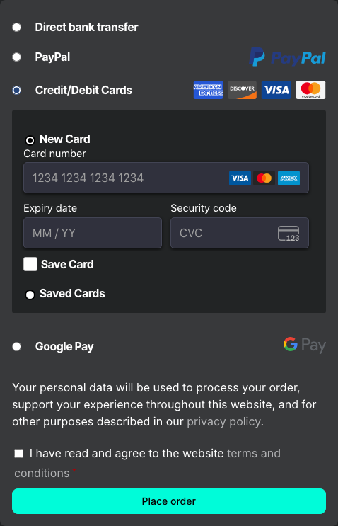 Payment method selection window