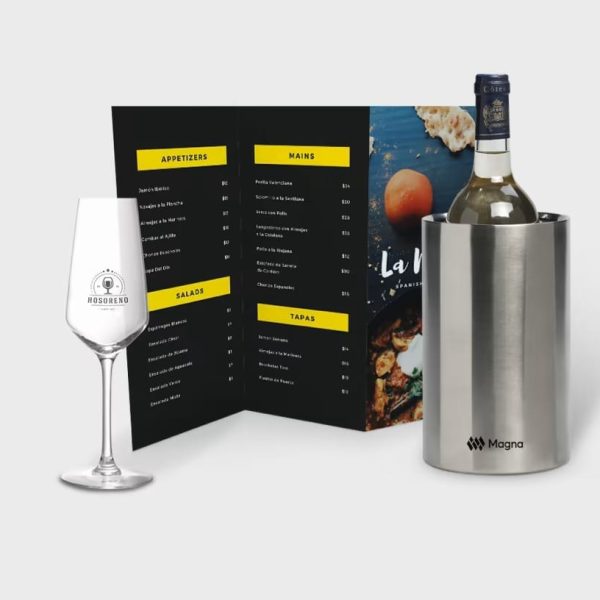 Collection of hospitality items; menu, champagne bucket and branded drinks glass