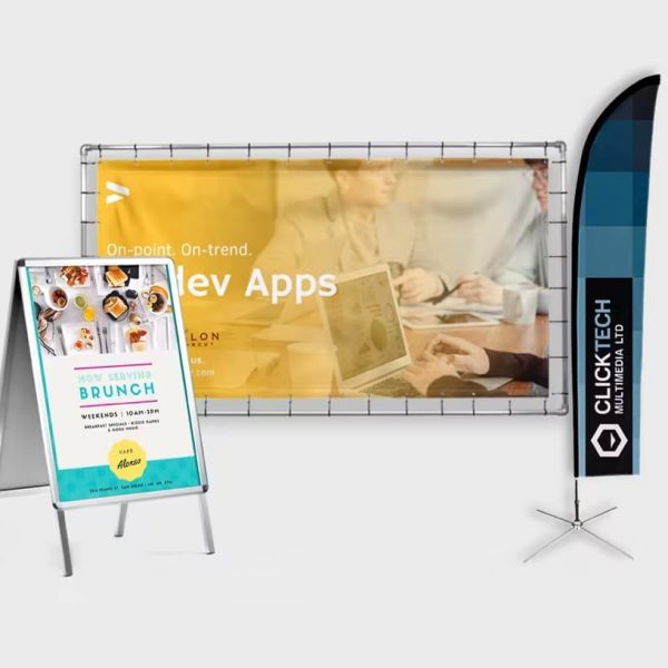 Outdoor signs and flags with banner